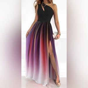 One Shoulder Cut-Out Ombre Pleated Maxi Dress